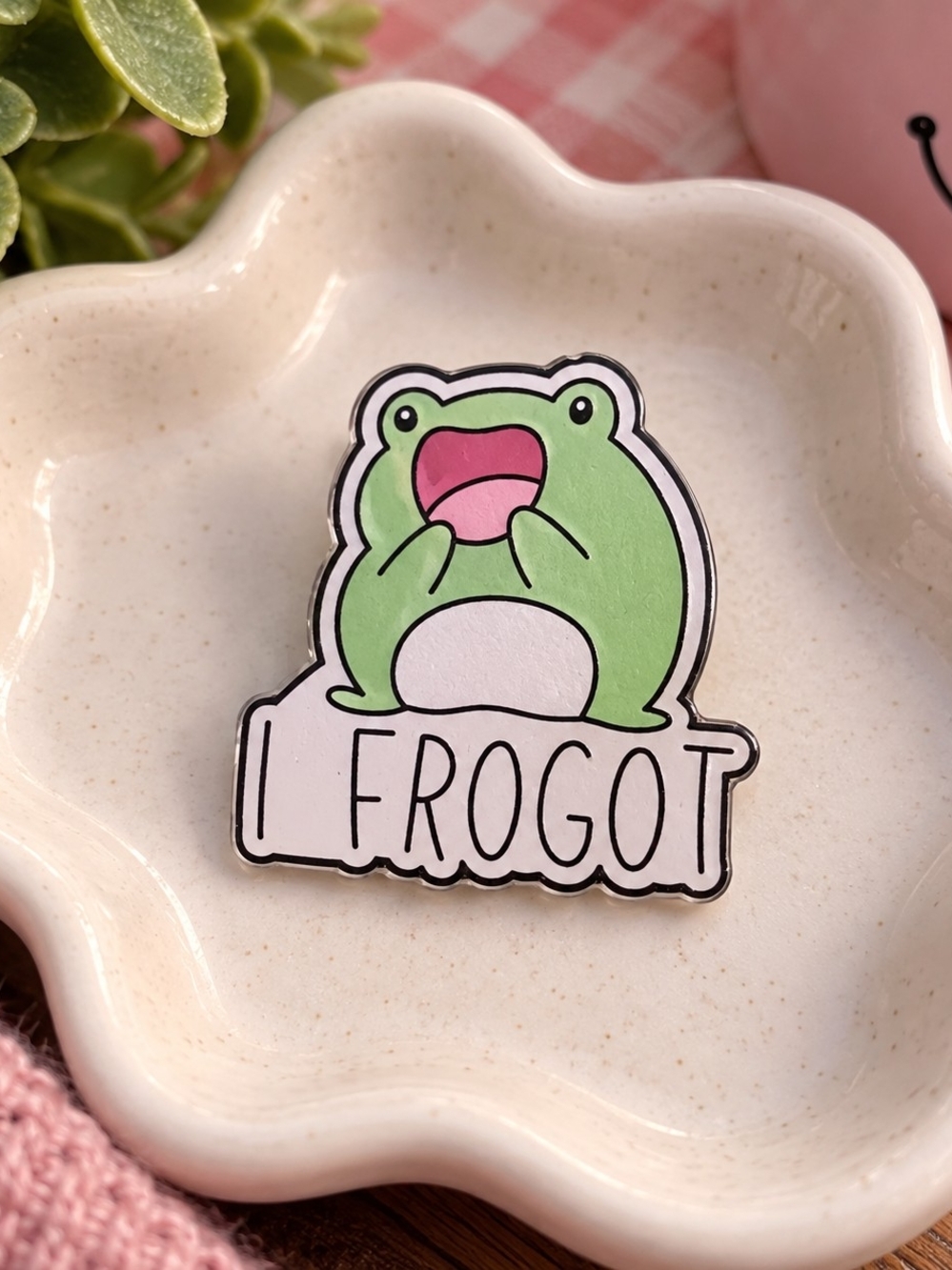 Cute Green ' I FROGOT' Frog Collectible Acrylic Pin – New